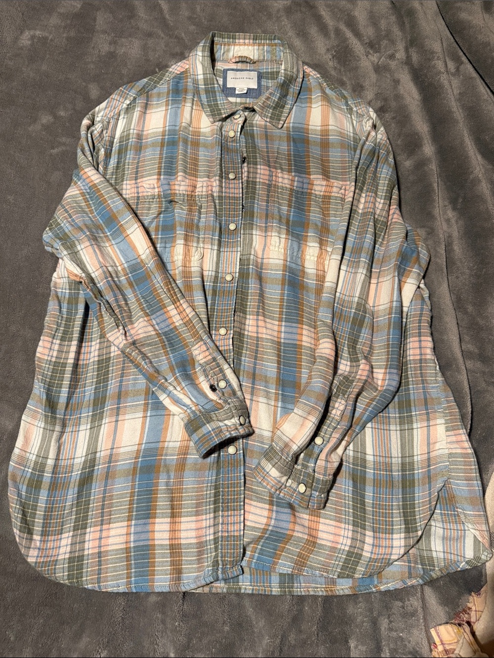 American Eagle Outfitters Plaid Button-Down Shirt in Blue, Green & Beige